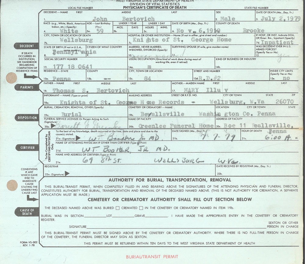 John Bertovich burial permit